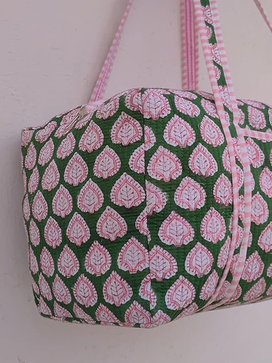Hand Block Print Cotton Quilted Duffle Bag, Handmade Weekender Bag Decorative Colorful Travel Overnight Bag, Large Size Indian Floral Print Quilted Bags Gift For Her4