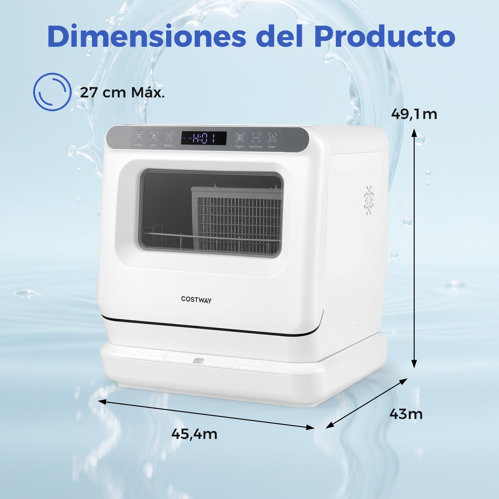 COSTWAY Lavavajillas Pequeño 45cm, 6 Programas, Mini Lavavajillas Compacto sobremesa de 3 Cubiertos, Depósito de Agua 8,25 L, Secado por Aire y Brazos Rociadores Dobles de 360°