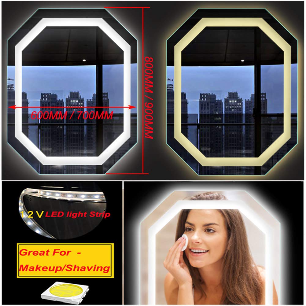 GuyAna Specchio da Bagno Illuminato a LED, Specchio da Barba per Trucco retroilluminato a Parete, Sospensione Orizzontale/Verticale - Specchio Antideflagrante, Luce Bianca/Luce Calda