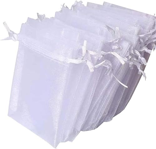 100 bolsas de regalo de 5 x 7 pulgadas, tela de tul transparente de organza, bolsa de cordón blanco para baby shower, fiesta de cumpleaños,