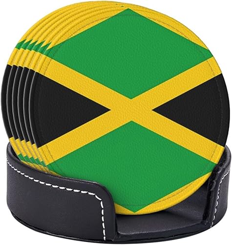 Miniatura 6 de Drink Coasters Set of 6, Jamaica Flag Printed PU Leather Round Coaster with Holder for Outdoor, Office, Bar, Funny Heat-Resistant Home Desk Decor