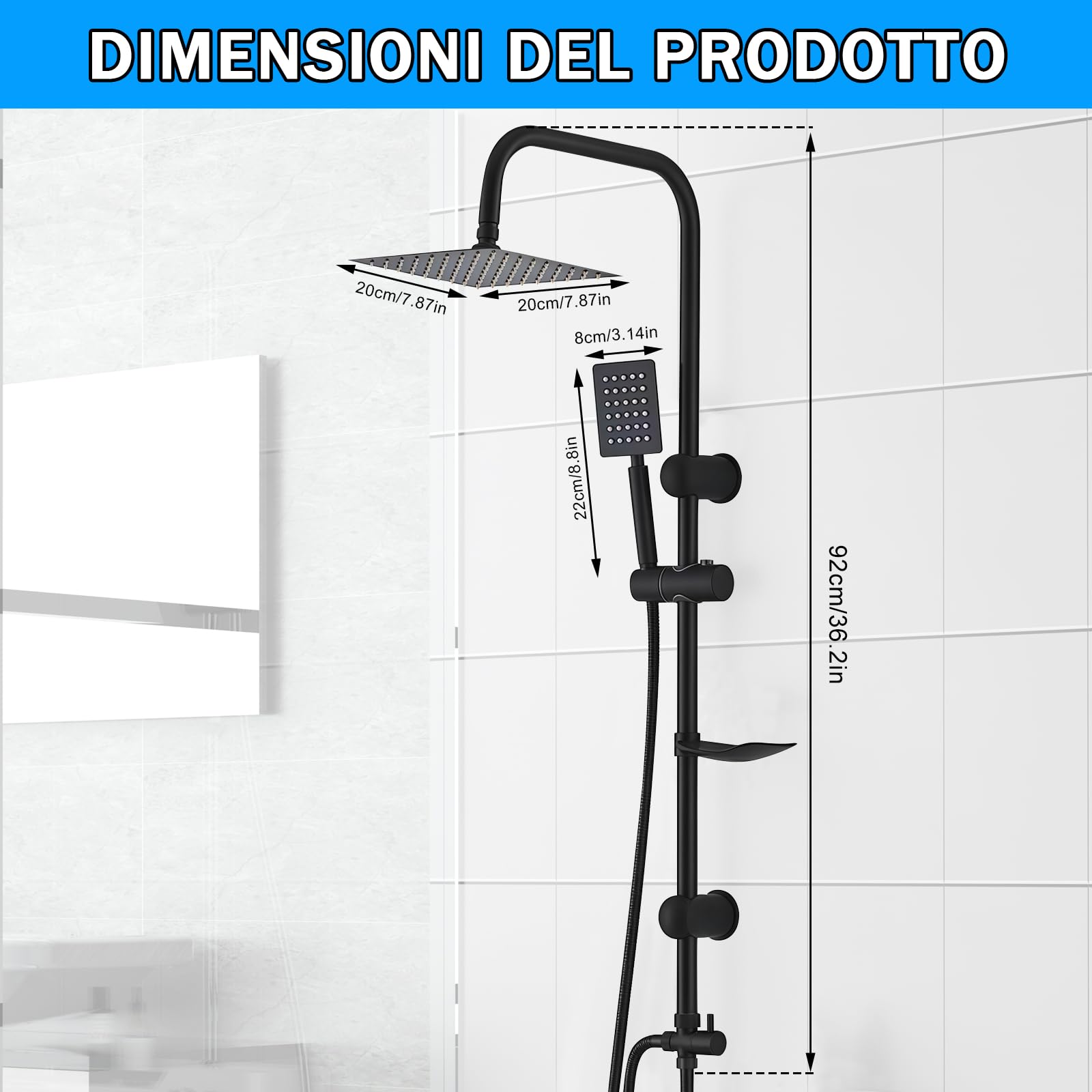 Colonna Doccia Senza Miscelatore 92cm, Set Doccia con Soffione Quadrato e Doccetta in Acciaio Inox, Asta Saliscendi Doccia Regolabile, Installazione Divisa