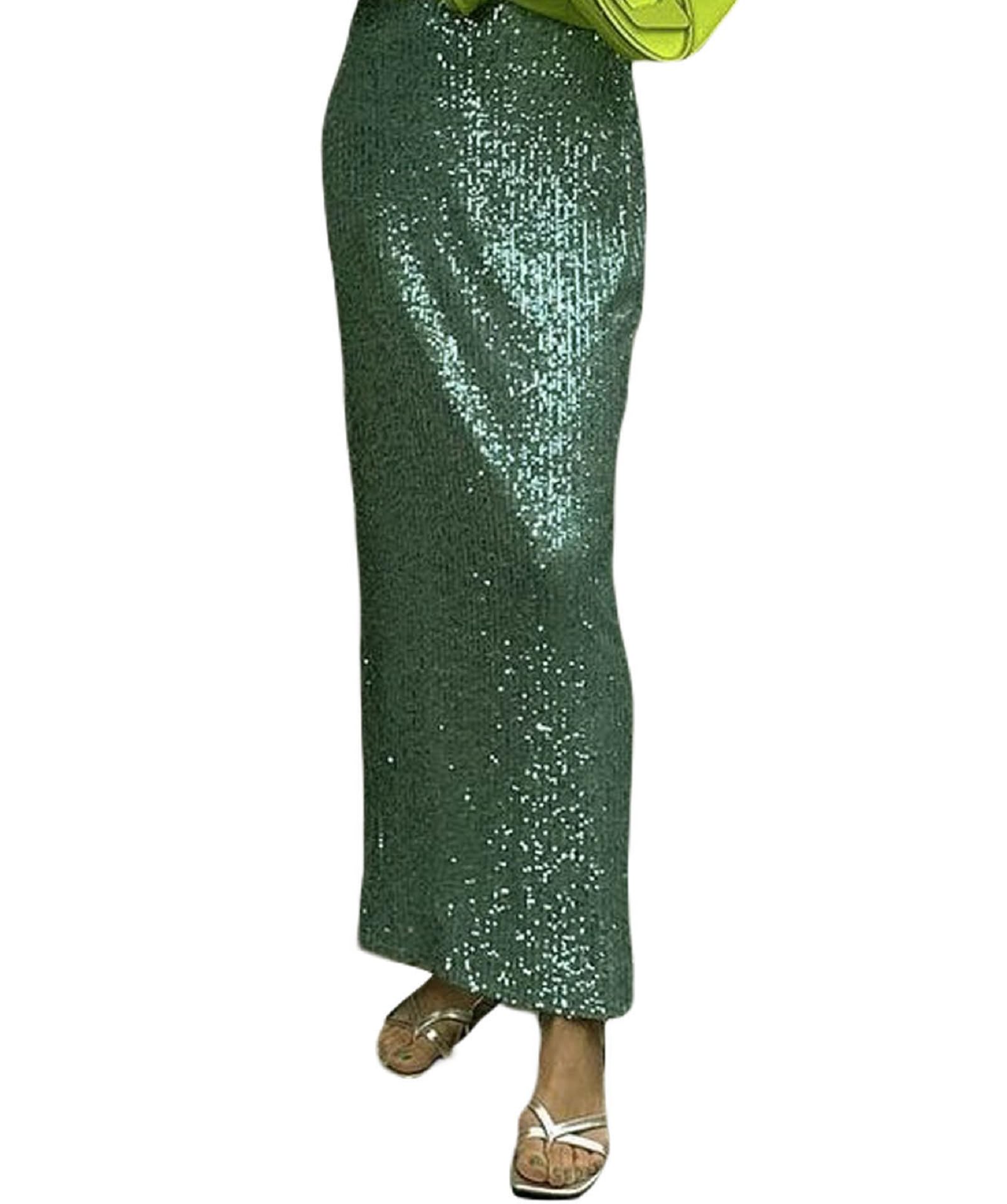 FaretumiyaWomen Sequin Midi Long Skirt Y2k Glitter Loose Pencil Maxi Skirt  Sequins Low Waist Evening Party Sparkly Skirt