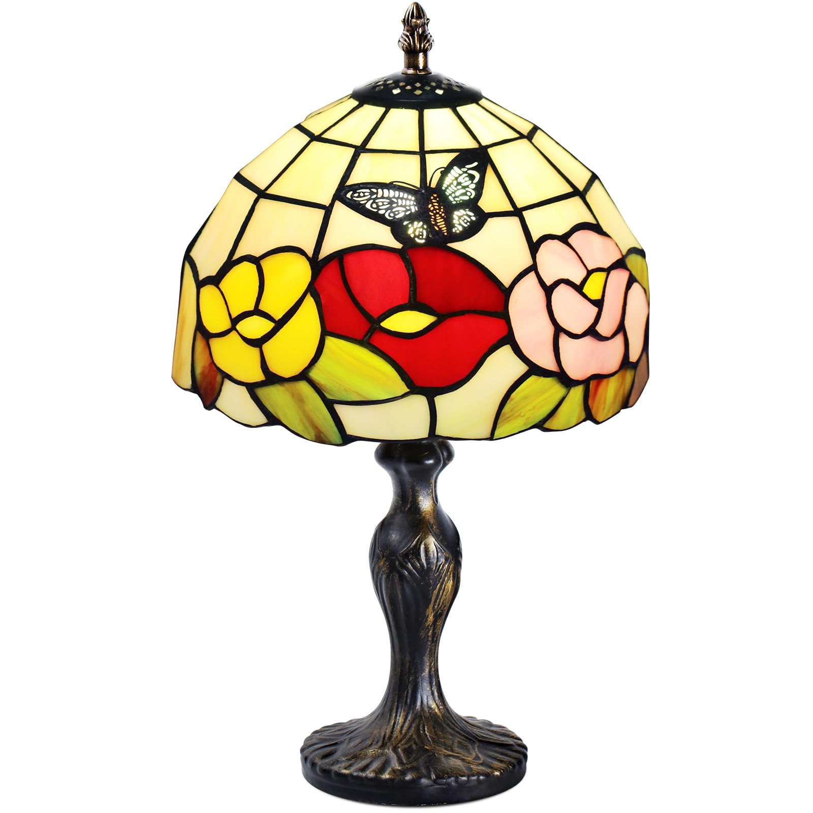 7CDXD Stained Glass Lamp, Small Vintage Table Lamp with Handcraft Stained Glass Lampshade and Metal Base for Decorate Bedroom Living Room Study Office Bar