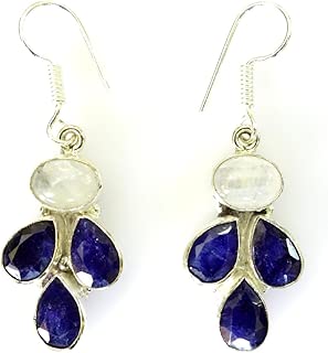 EL GENUINO LUNA DE FUEGO AZUL (MOONSTONE) Y ZAFIRO PIEDRA PRECIOSA MODA GOTA CUELGAN ARETES PARA MUJERES Y NIÑAS, PLATA 925 PLATEADO JOYERÍA ÚNICA ARETES JOYERÍA DISEÑADOR HECHOS A MANO POR ARTESANO