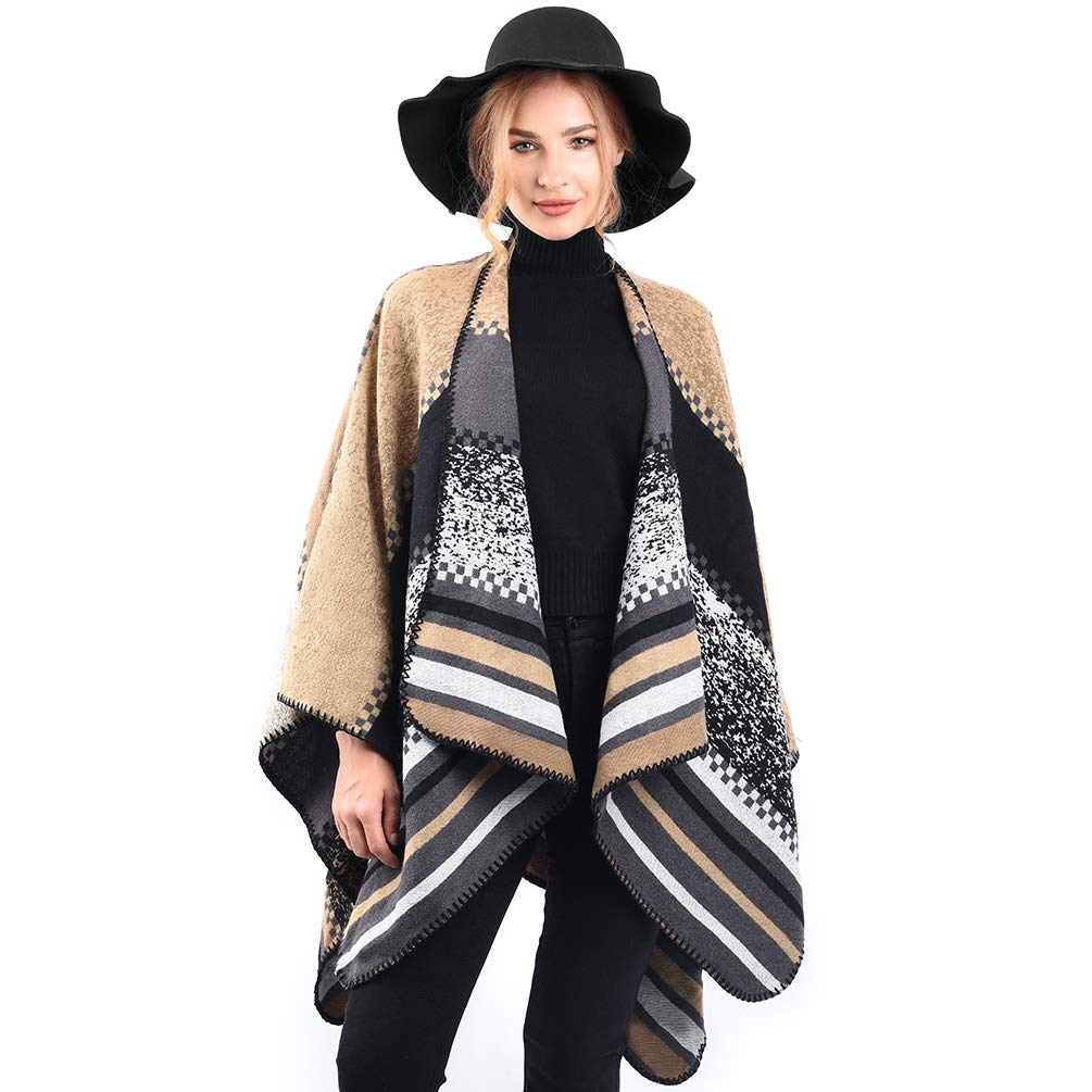 OOPOR Poncho Châle Rétro Ouvert Femme - Plaid Imprimé Tricot Pull Manteau Gilet Large Long Pancho Tartan Style Capuche Chaud Grand Polaire Cape Veste Foulard Ponchos Echarpe Automne Hiver Ethnique