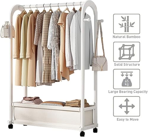 Miniatura 6 de Riel de ropa resistente con ruedas y cubierta contra el polvo, perchero de bambú con estantes, para dormitorio y hogar (blanco 27.6 x 12.6 x 65.0in)