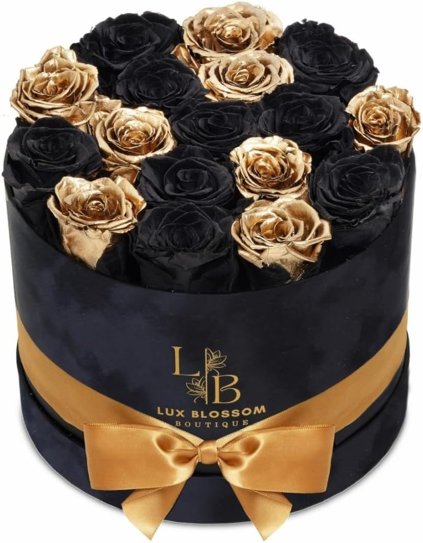 17 Black & Gold Forever Roses, Velvet Box - Luxury Black Roses, Gifts for Women, Forever Flowers Gifts for Wife, Black Roses for Delivery Prime