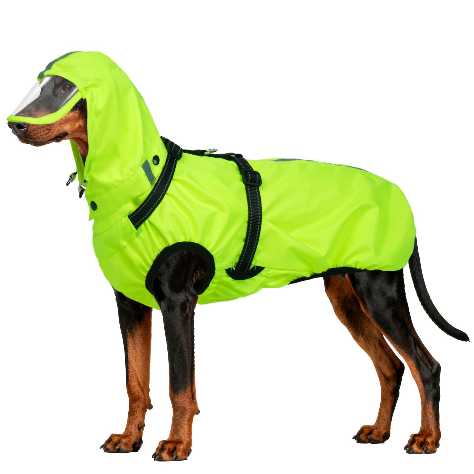 OUOBOB Dog Raincoat Waterproof, Rain Jacket with Reflective Strips, H-Harness (D-Ring) & Detachable Hood with Visor, Ideal for Medium/Large Dogs [Neon Green, Size 3XL]