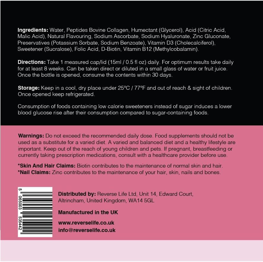 Reverse Life - Limited Edition Very Cherry Skin Booster - 5,000mg Hydrolysed Collagen with Biotin, Vitamin C, B12 & Folic Acid - 30-Day Dose - Collagen Supplements - 450ml 61J058tVCSL. AC