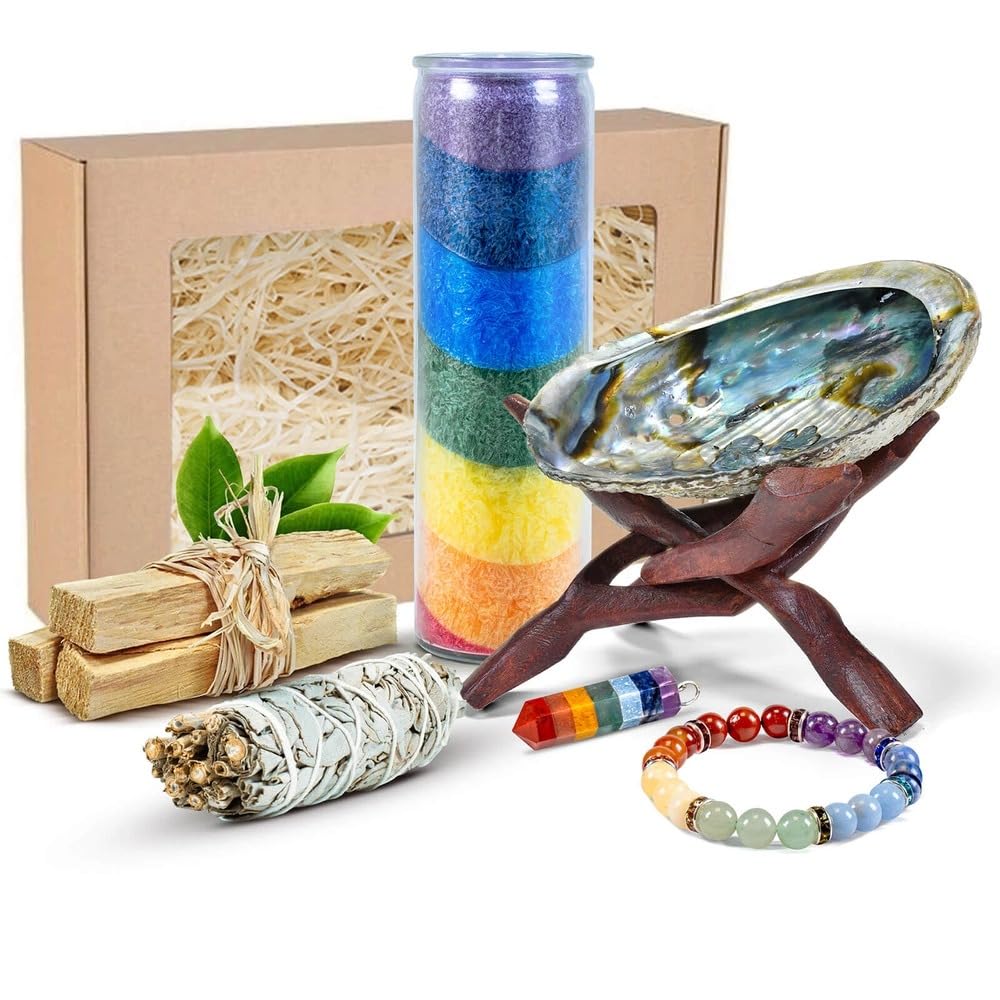 Set Esoterico per Meditazione e Chakra – Palo Santo, Salvia Bianca, Muschio Abalone, Candela 7 Chakra, Bracciale e Ciondolo con Pietre Naturali – Regalo Spirituale