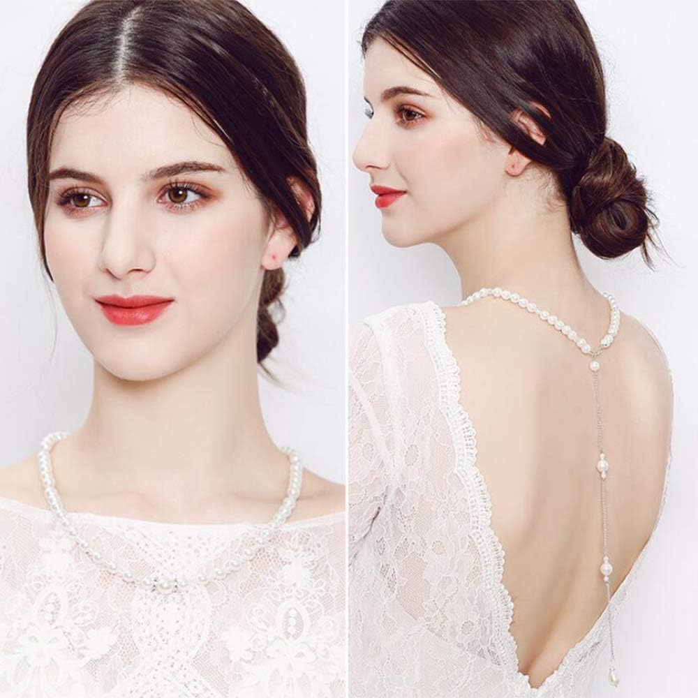 AnglacesmadeBridal Necklace Back Chain Pearl Necklace Lariat Y Necklace Back Drop Necklace Bridesmaid Back Necklace Wedding Jewelry for Women and Bride