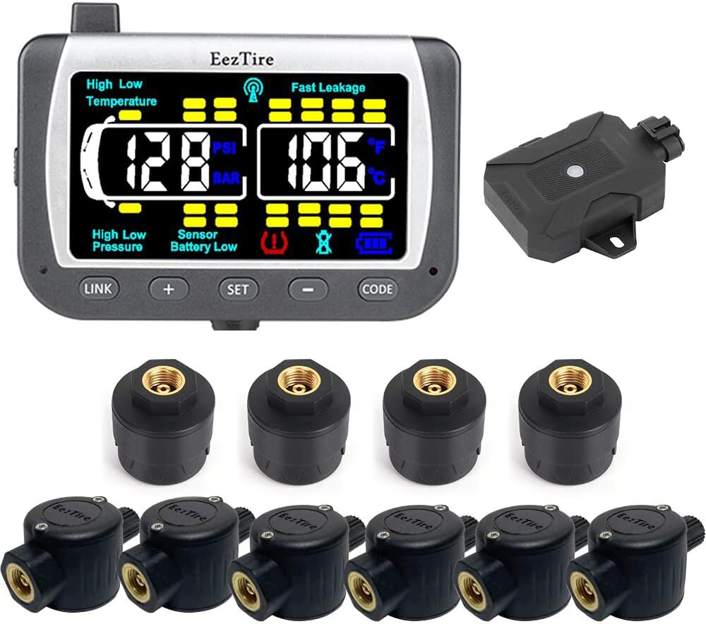 EEZ RV Products EezTire-TPMS10MIXB Real Time/24x7 Tire Pressure Monitoring System - Color Monitor + 4 at Sensors + 6 FT Sensors + Booster