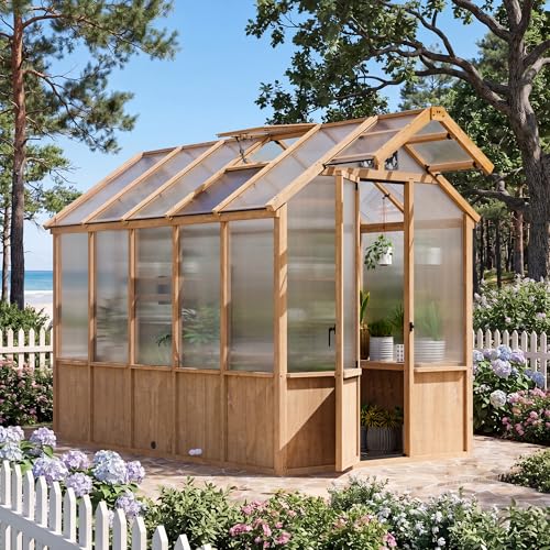 Image of Modern Shade EverBloom 6.5'x10' Wooden Greenhouse, 8' Extra-Tall Cedar Wood Greenhouse with Built-in Outdoor Faucet Kit, Heavy Duty Greenhouse with Built-in Shelving, Power Strip & Ventilation System