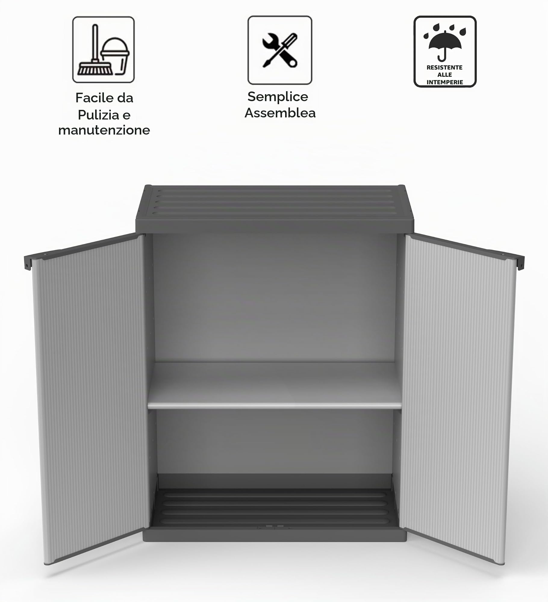 Mongardi: Armadietto in resina di PVC e PP, 2 Ante, 1 Ripiano, Facile da Montare, Modular System, Resistente, Adatto ad ambienti Interni ed Esterni, 68L x 40P x 85H cm, Grigio e Nero