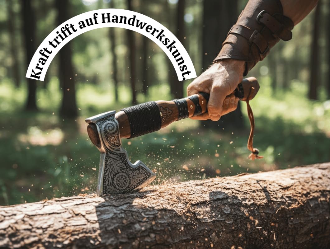 Novahaven Falkir – Hacha de lujo forjada a mano al aire libre de acero inoxidable con grabado, mango de palo de rosa y funda de cuero – Hacha de camping estilo vikingo, hacha de bushcraft, idea de