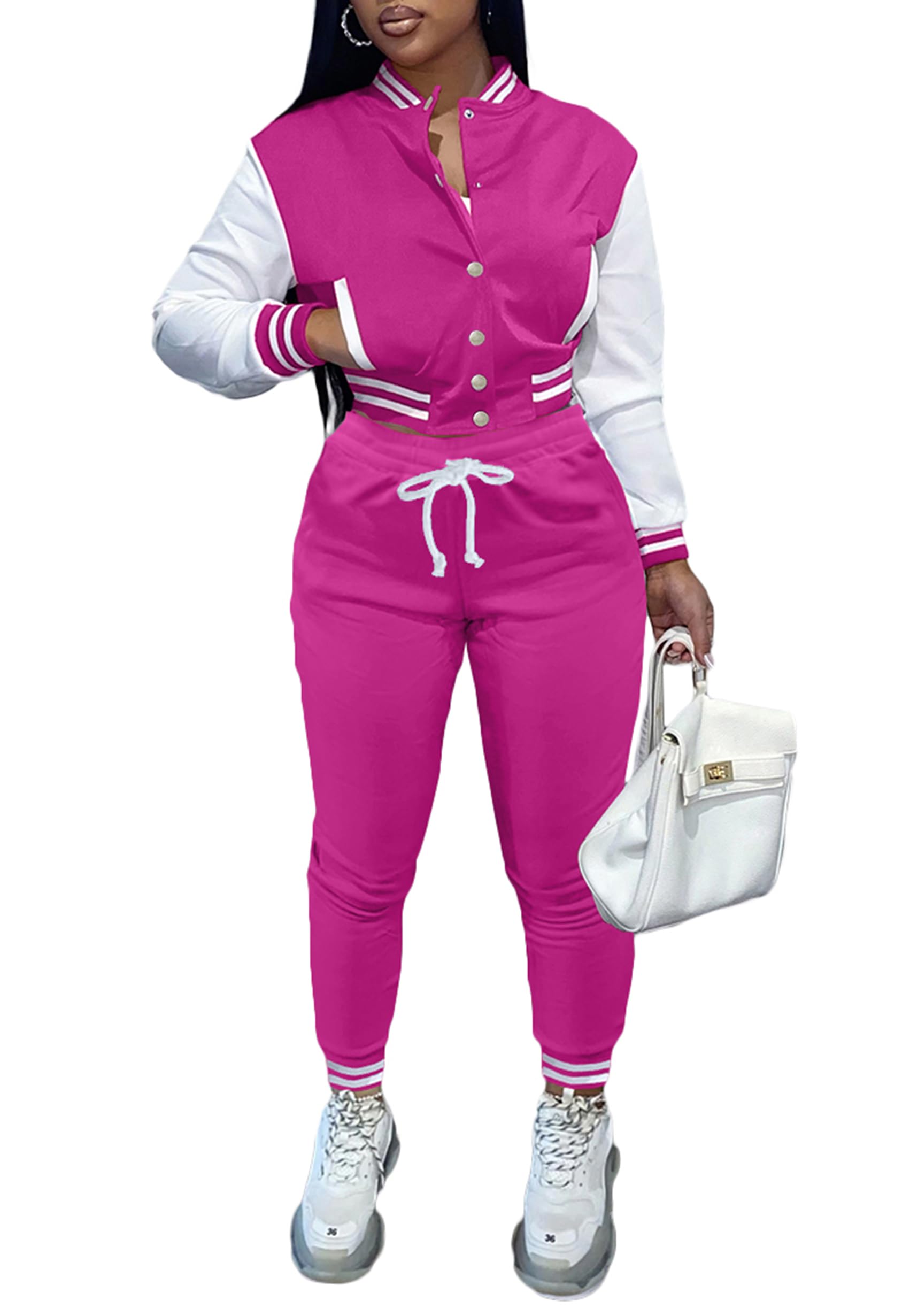 Fooullaide Women's Varsity Jacket Sweatsuit 2 Piece Tracksuit Crop Top Button Down Letterman Jackets Pants Sets