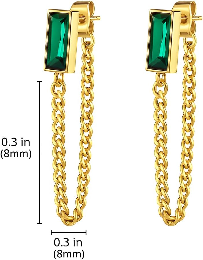 Drop Chain Earrings for Women – 18K Gold with Emerald Green Baguette Crystal Studs – Waterproof, Hypoallergenic Statement Jewelry Gift