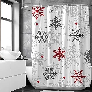SHENGJUN 72x72 Red Christmas Snowflakes Shower Curtains for Winter Grey Merry Xmas Its Cold Outside Bath Bathroom Decors Silver Glitter Sparkle Home Fabric Waterproof Shower Curtain Set with 12 Hooks