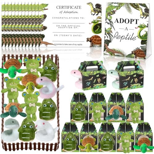 38 Pcs Adopt a Pet Reptile Party Favors Include 12 Safari Reptile Plush Toys 12 Foldable Boxes 12 Cards 1 Sign 1 Fence for Adopt an Animal Party Favors Amphibian Supplies Kit