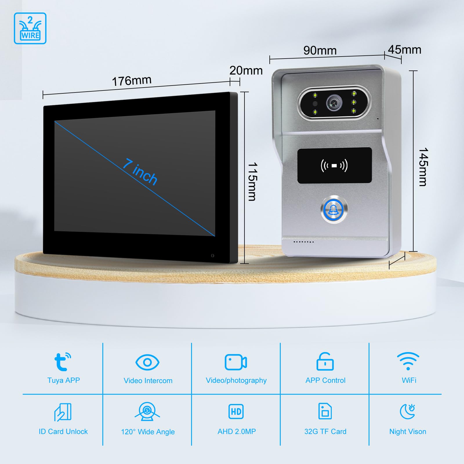 "FTes RFKits 2 Fili AHD1080P Videocitofono Intelligente,Tuya WiFi IPS 7‘’ Videocitofono Porta, Sblocco RFID,Impermeabile IP65, Visione Notturna"