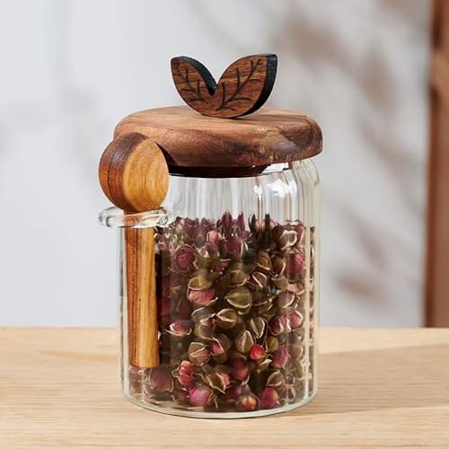Miniatura 3 de ANSQU Tarro de vidrio con tapa y cuchara de madera, recipientes de almacenamiento de alimentos de vidrio de 20.3 onzas, recipiente de café molido