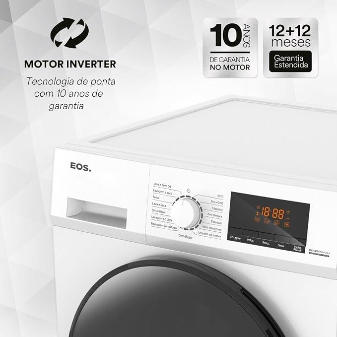 Painel de controle da Lava e Seca EOS com destaque para o motor Inverter e garantia