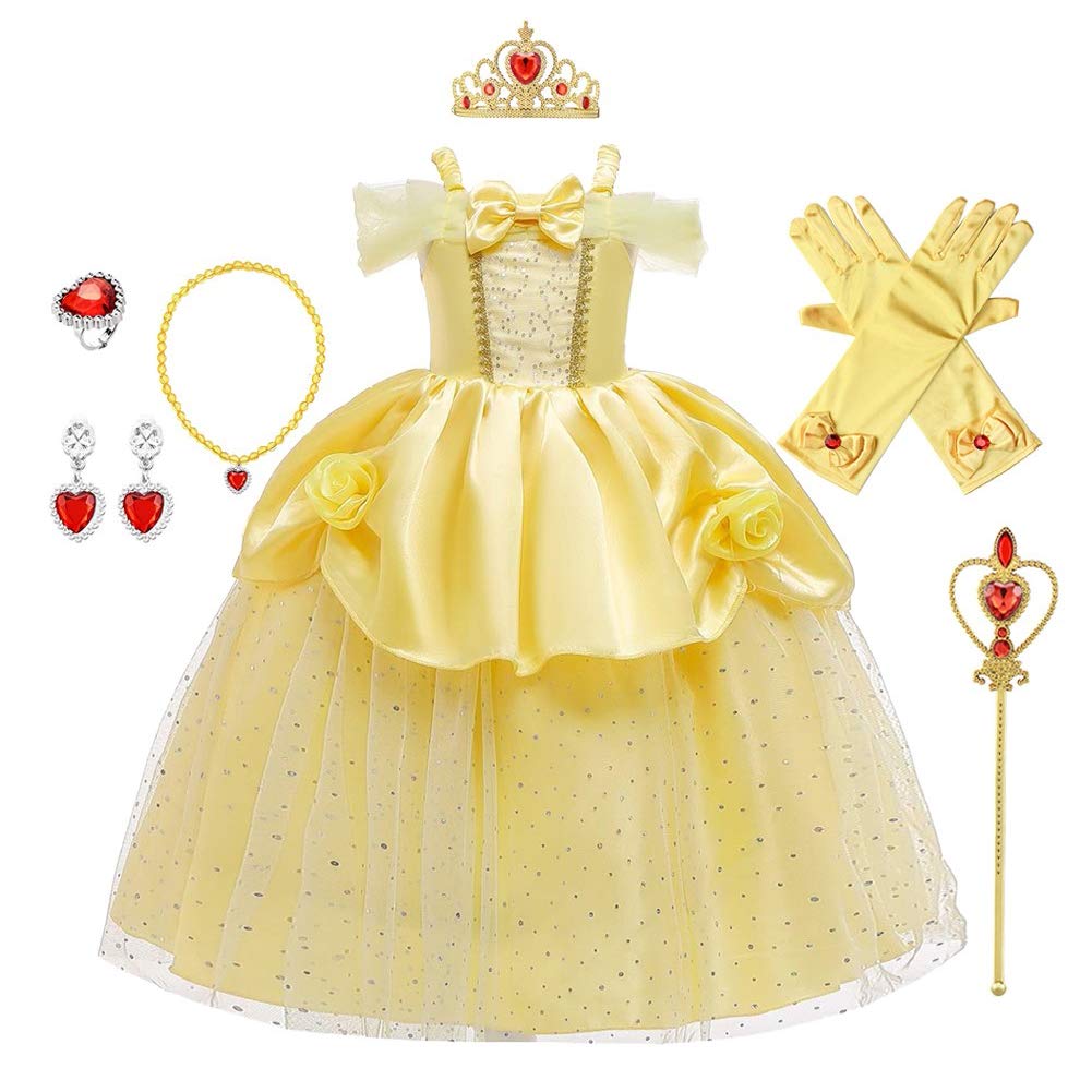REXREIIBelle Princess Beauty and the Beast Costume Girls Halloween Christmas Fancy Party Birthday Evening Gown w/Accessories