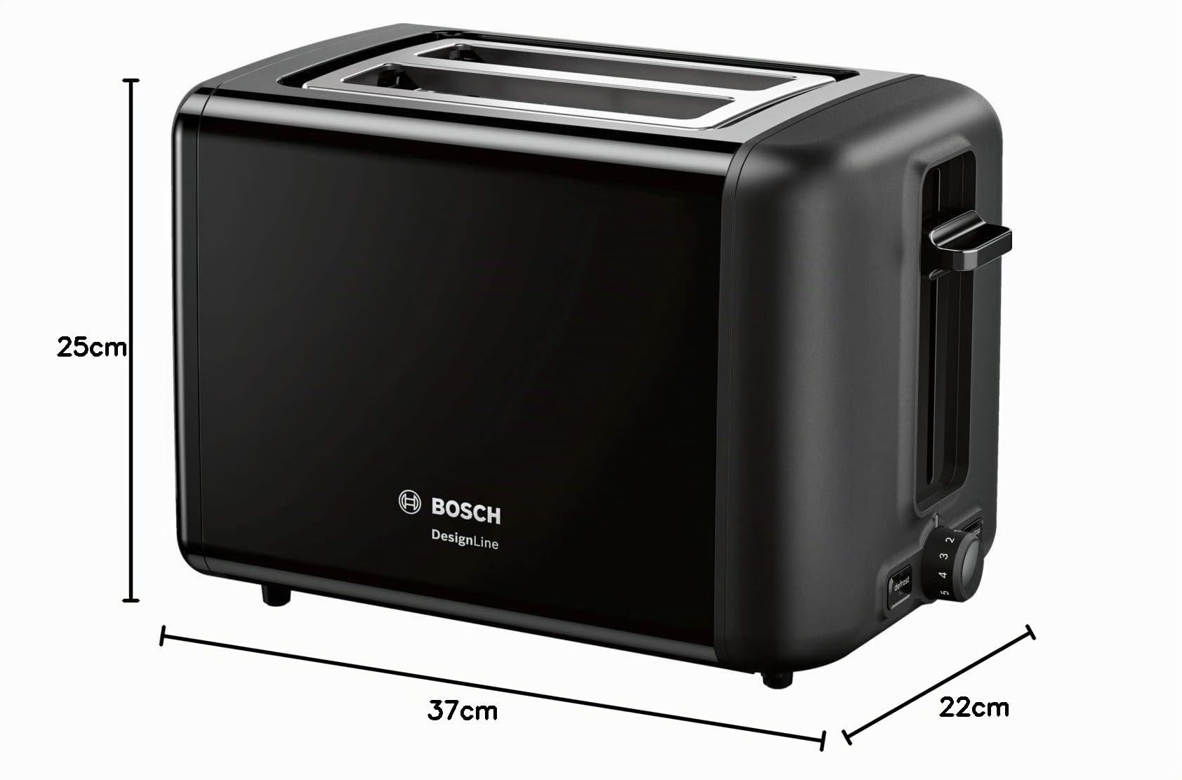 Bosch DesignLine TAT3P423DE Grille-pain compact en acier inoxydable avec arrêt automatique et fonction décongélation, parfait pour 2 tranches de toast, fonction lifting, large, 970 W, noir