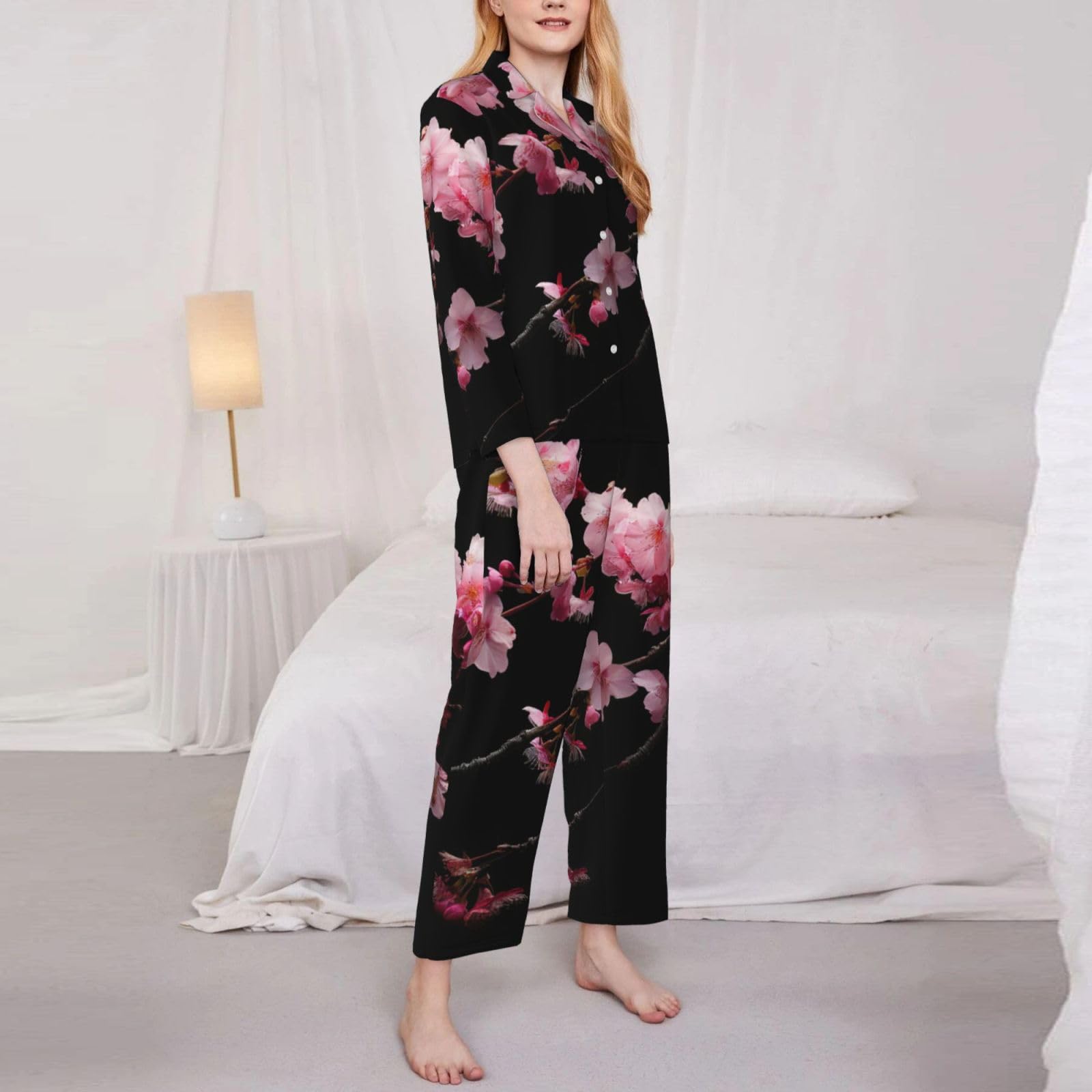 Pigiama a maniche lunghe da donna con stampa di fiori di ciliegio giapponesi set da notte accogliente abbigliamento da notte loungewear quotidiano