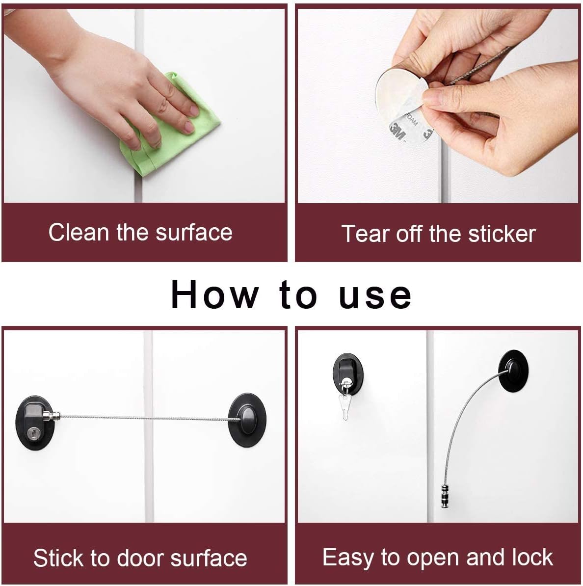 Child Safety Device Refrigerator Door Lock with Key & Adhesives, Cabinet Restrictor Cable for Toddler, Lock for Cupboards, Drawers, Fridge, Wardrobe, Washing Machine, Count 1