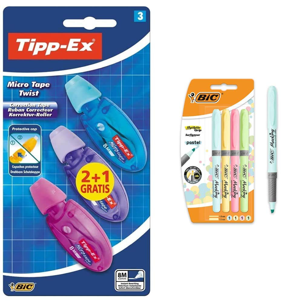 BIC Tipp-Ex Micro Tape Twist Cinta Correctora Blanca 8 m x 5 mm – Colores Surtidos, Blíster de 2+ 1 Unidades + Pastel, Highlighter Grip, Marcadores Punta Ajustable