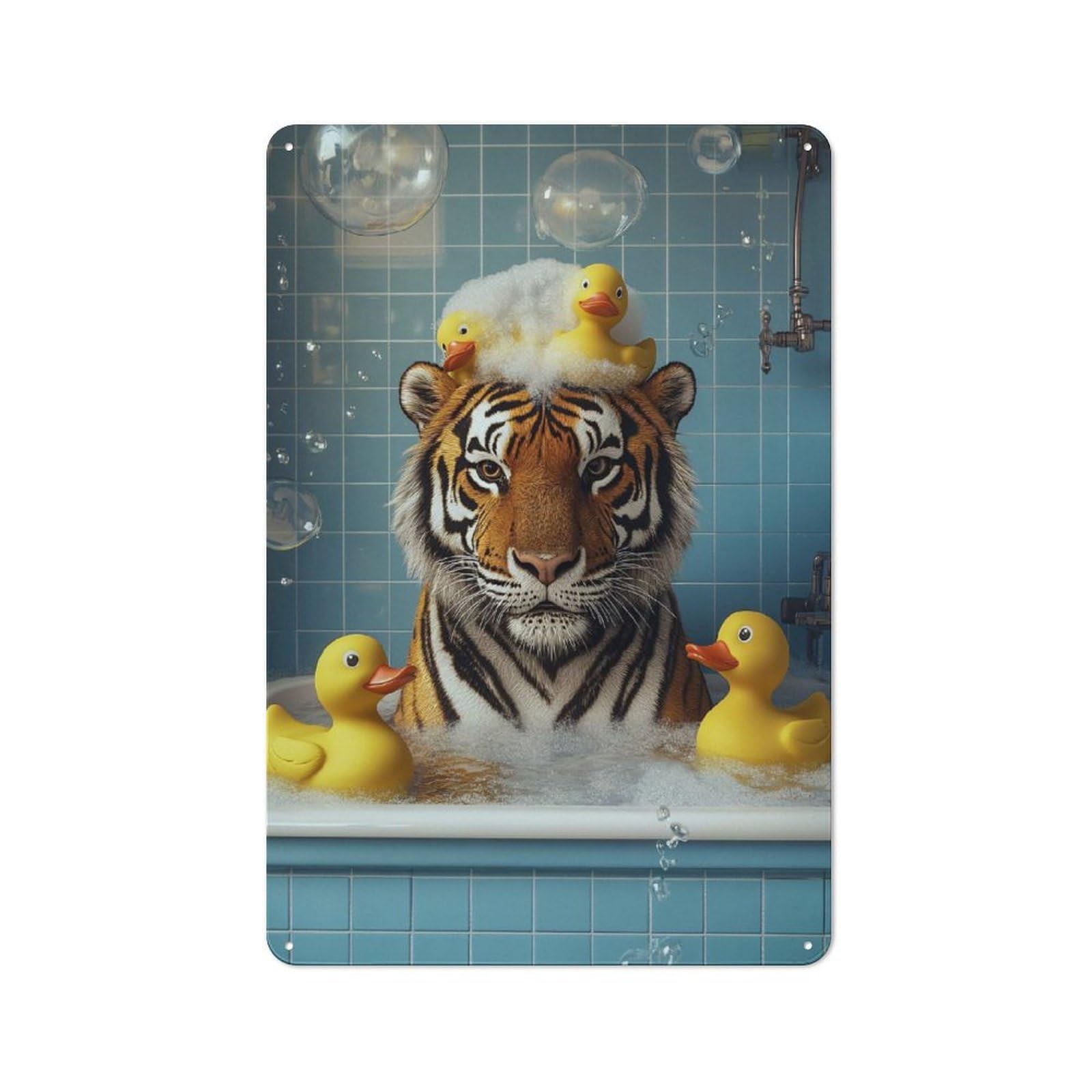 Junmoney Style-7 Tiger In Bathtub With Rubber Ducks Retro Tin Wall Plaque 30X20cm For Home Office Or Studio, For Cooler-Month Interiors With Retro Character