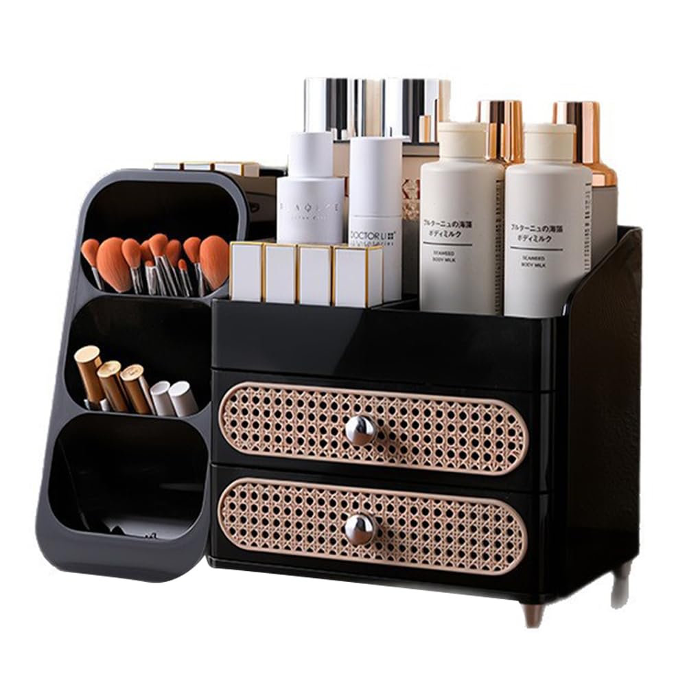 Organizer per trucchi con 2 cassetti, organizer per la cura della pelle, antiscivolo, porta pennelli per cosmetici, profumi, palette di ombretti, smalti per unghie