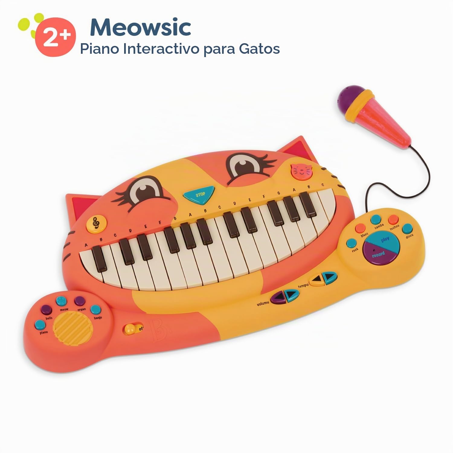 B. toys Meowsic Piano Interactivo de Gato con micrófono de Juguete | Teclado musical con más de 20 canciones, sonidos, ritmos, grabación y reproducción; micrófono retráctil; 2 años y +