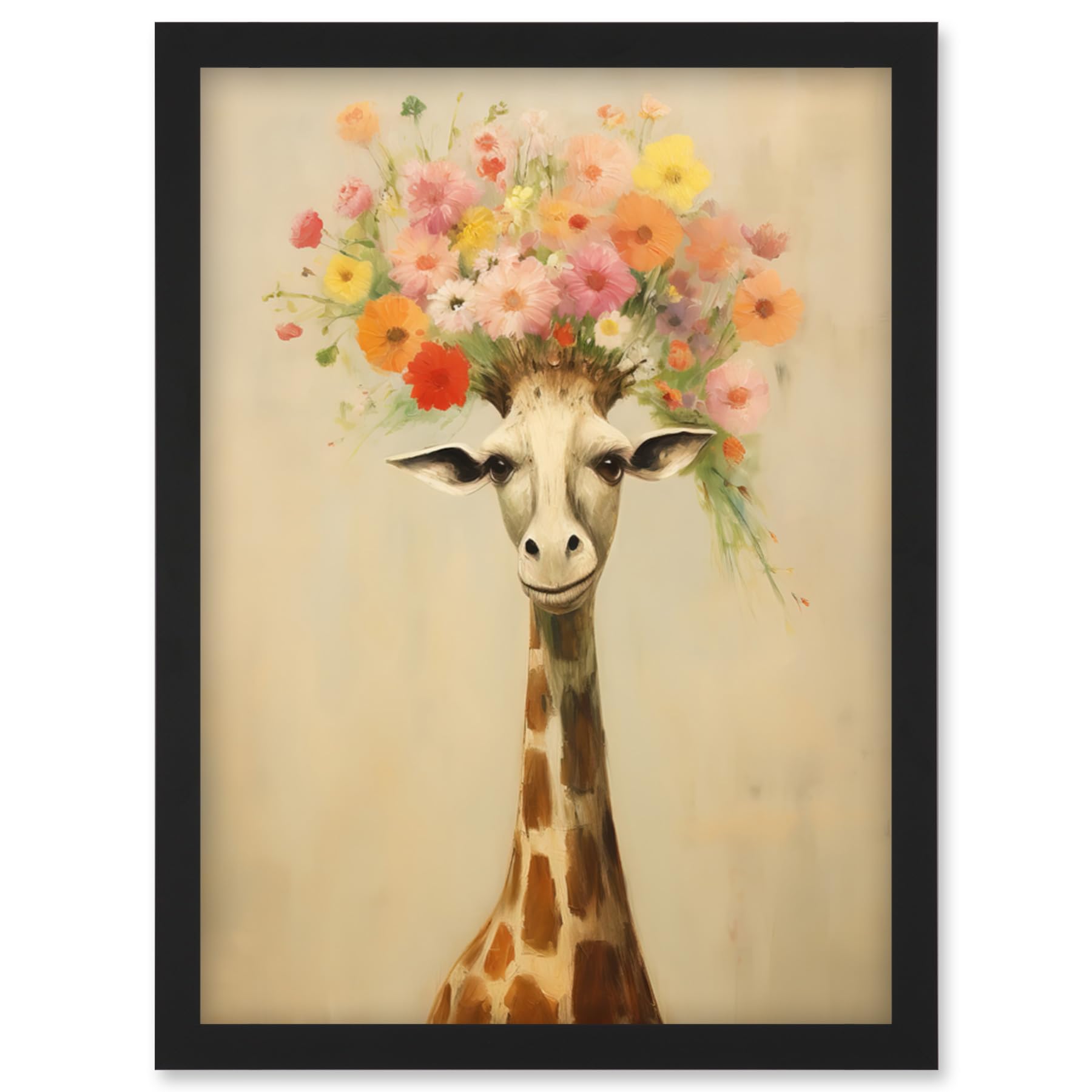 Artery8 Cheerful Giraffe with Wildflower Bouquet Hat Spring Camouflage Whimsical Oil Painting Nursery Artwork Framed Wall Art Print A4