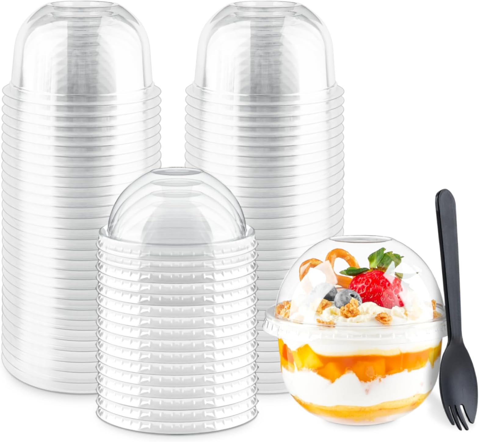 Zezzxu 50 Pack 9 oz Plastic Dessert Cups with Dome Lids (No Hole) and Sporks, Clear Disposable Fruit Cups with Lids for Yogurt Parfait Ice Creams Pudding Cakes