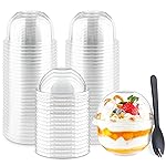 Zezzxu 50 Pack 9 oz Plastic Dessert Cups with Dome Lids (No Hole) and Sporks, Clear Disposable Fruit Cups with Lids for Yogurt Parfait Ice Creams Pudding Cakes
