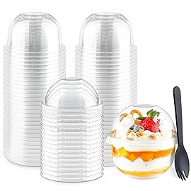 Zezzxu 50 Pack 9 oz Plastic Dessert Cups with Dome Lids (No Hole) and Sporks, Clear Disposable Fruit Cups with Lids for Yogurt Parfait Ice Creams Pudding Cakes
