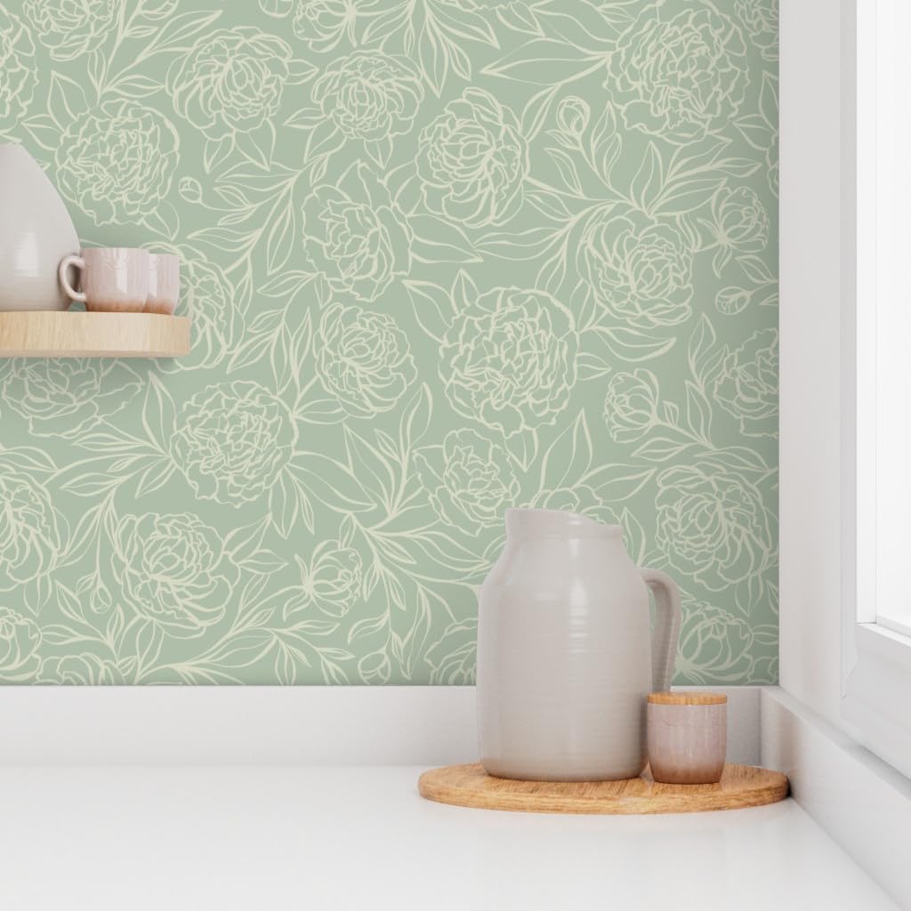 Peel & Stick Wallpaper 3ft x 2ft - Peony Garden Sage Green Flowers Floral Large Drawing Custom Removable Wallpaper by Spoonflower