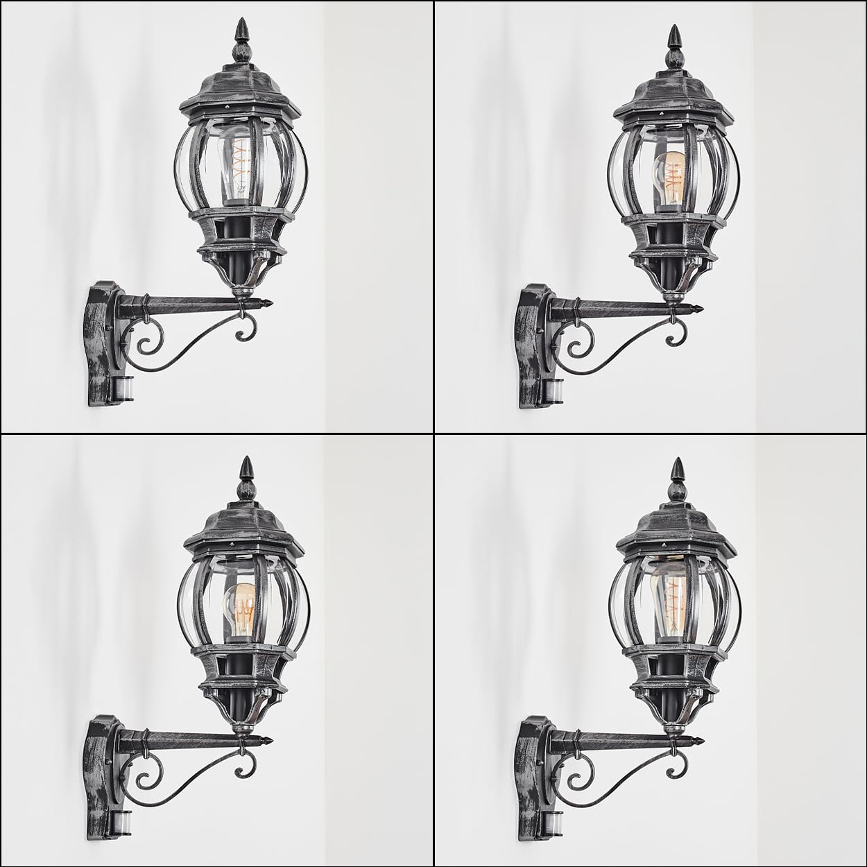 HOFSTEIN Außenwandleuchte Lentua, Außenwandlampe mit Bewegungsmelder aus Metall/Glas in Schwarz/Silber/Klar, Wandleuchte aufwärts außen Vintage mit Lichteffekt, E27, IP44, Hof, Außenbereich, Haustür
