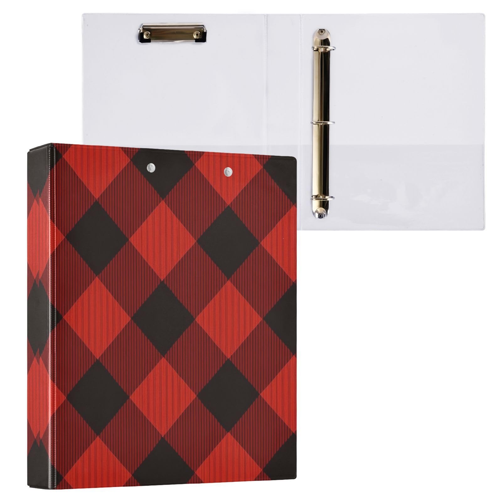 Carpeta de 3 anillos, carpeta de anillos en D a cuadros rojos y negros, paquete de 2 | Con portapapeles y bolsillos, para escuela, universidad, oficina