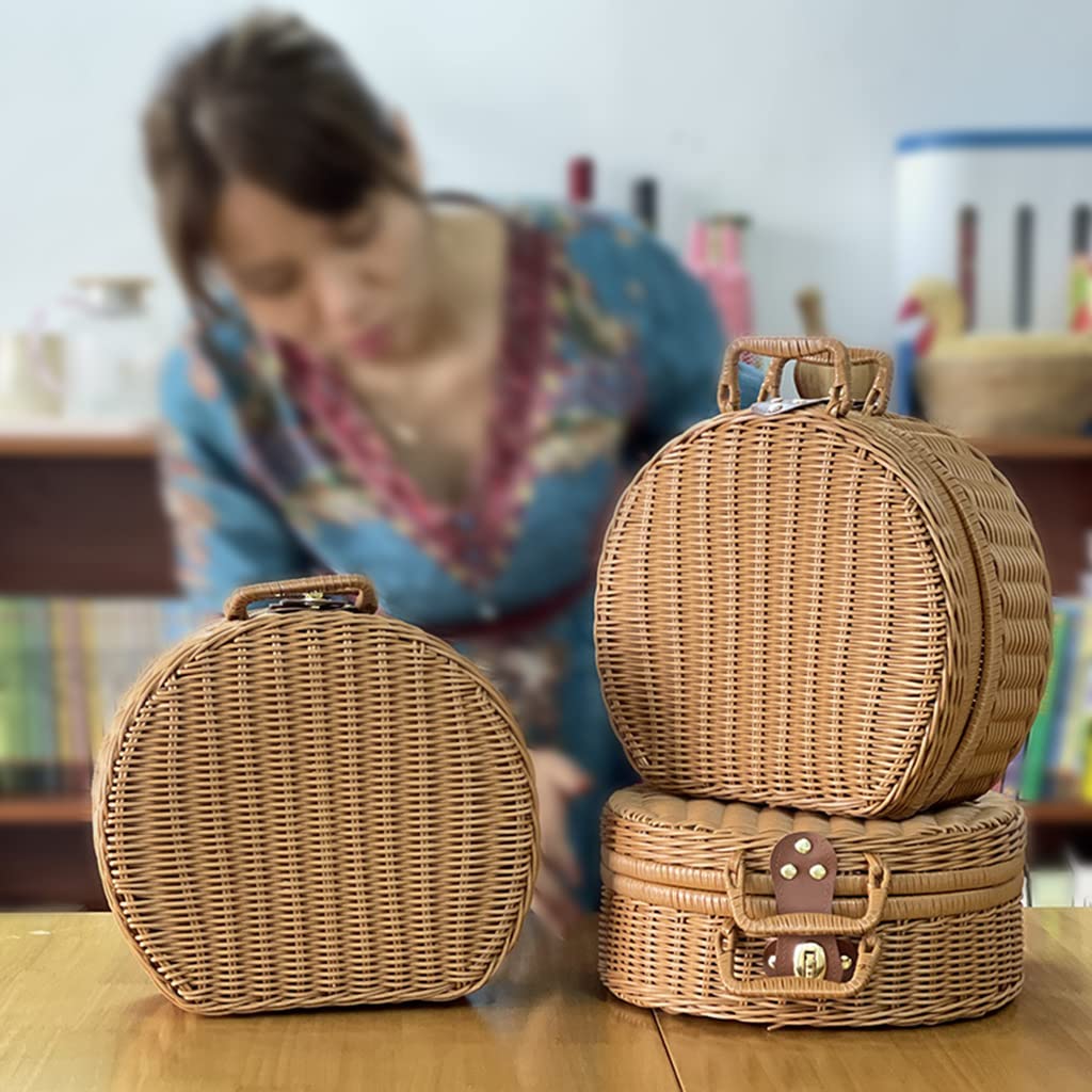 Cestino da picnic intrecciato a mano, con manici, in finto vimini, borsa in vimini, vintage, per cibo, frutta, torta lunare