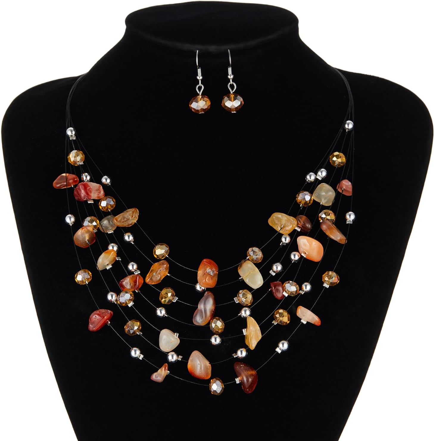 Multi-Layer Boho Shell Beaded Necklace for Women Colorful Crystal Strand with Silver Beads Statement Collars Necklace and Earrings Costumes Jewelry Sets for Women - Image 4