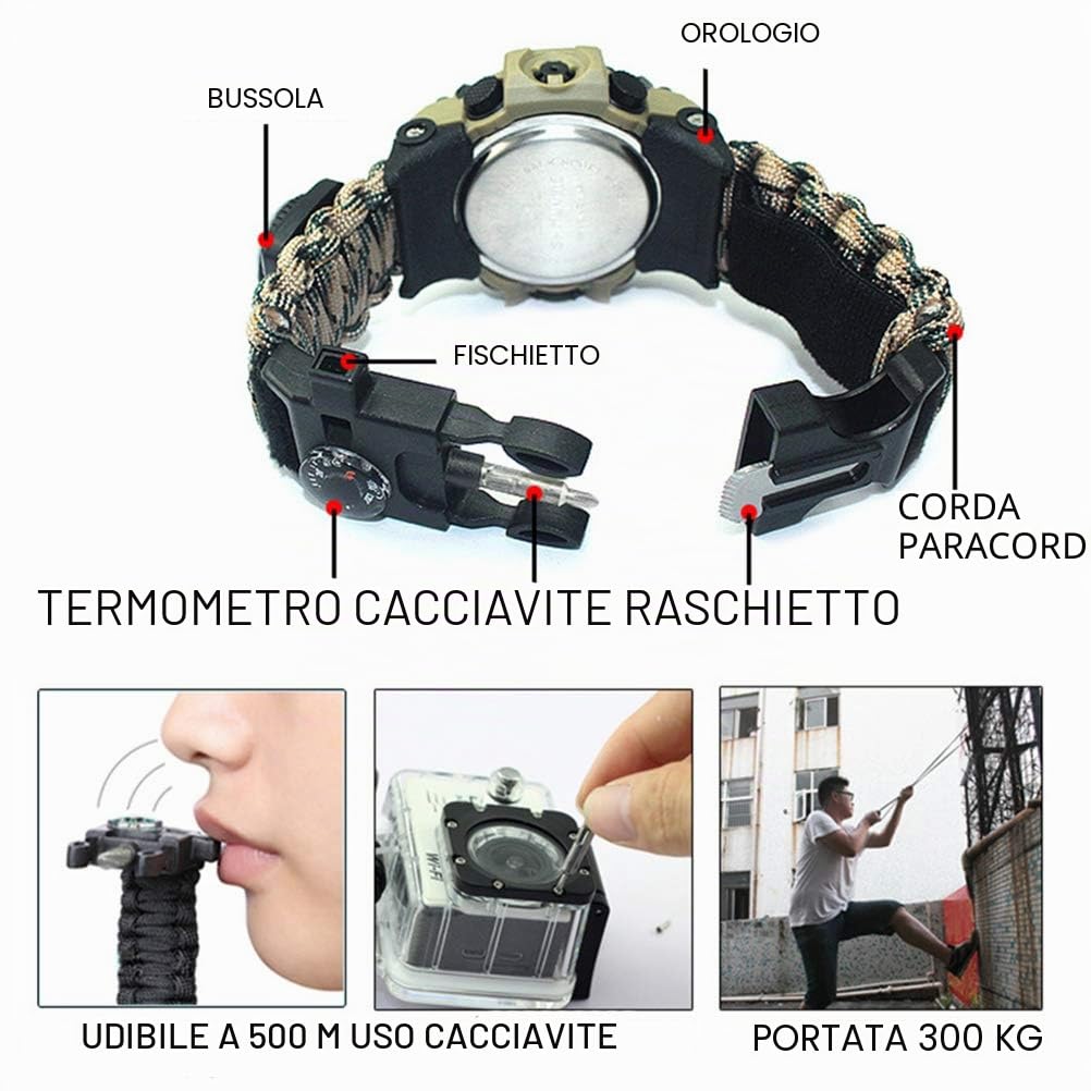 Orologio digitale militare di sopravvivenza, orologio da campeggio all'aperto, cinturino multifunzione, bussola, fischietto, cinturino paracord, attrezzature, set di attrezzi