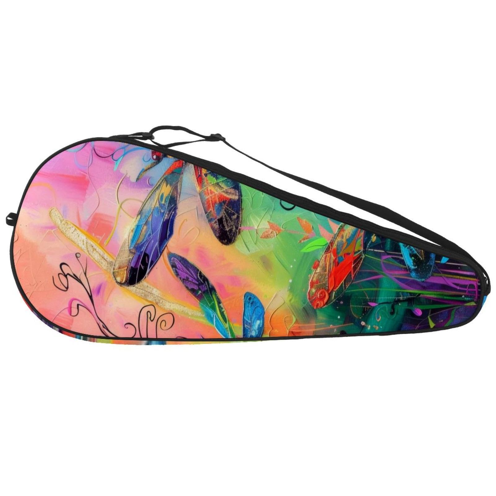 Borsa leggera con libellule colorate su sfondo nero per racchette da tennis, con tracolla regolabile