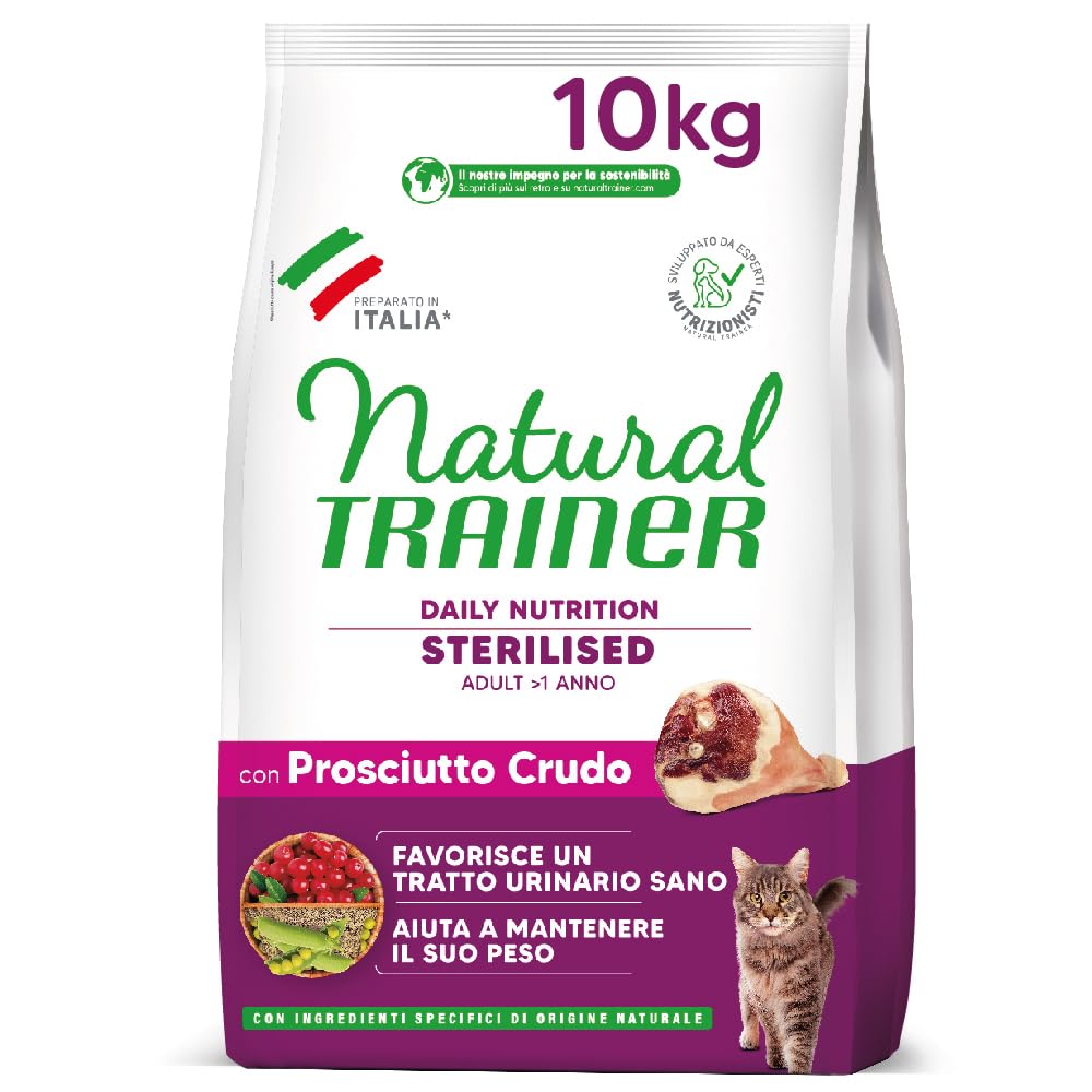 Trainer Natural Sterilised Adult con Prosciutto Crudo e Fibra di Pisello 10 Kg, 10000 Gr