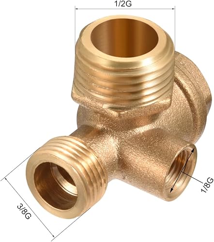 Miniatura 2 de uxcell Válvula de retención del compresor de aire, 1/2" G x 3/8" G x 1/8" G M/F rosca, accesorio neumático de 3 vías, latón