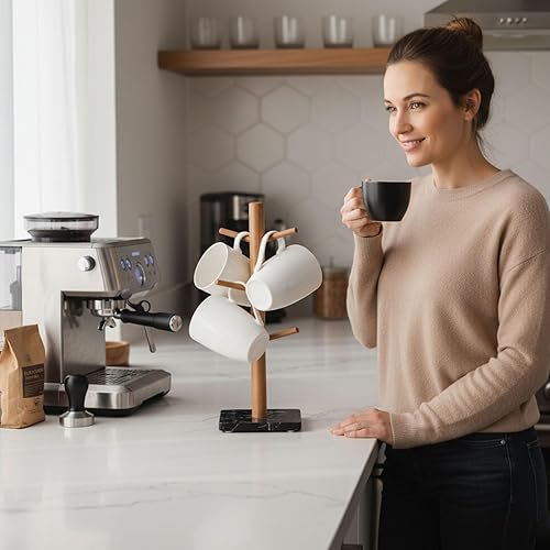 Miniatura 6 de Buruis Soporte para tazas de madera, base de mármol, soporte para tazas, soporte para tazas, taza de café de cocina, soporte para encimera, soporte