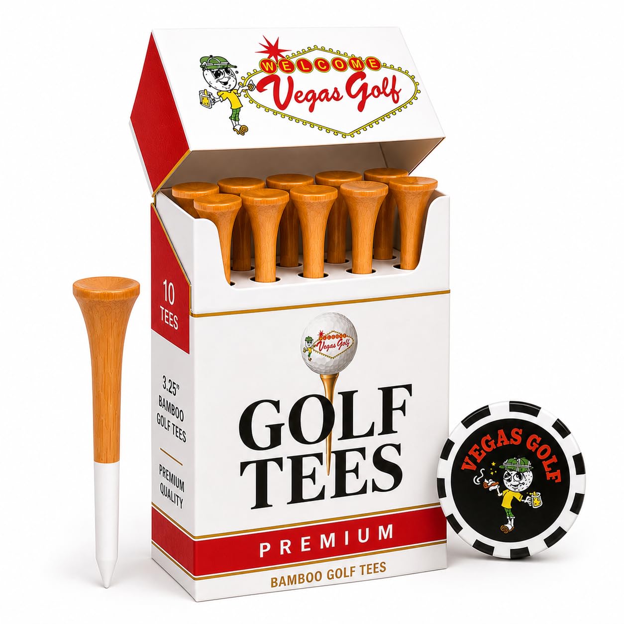 Vegas Golf Cigarette Golf Tees 10 Pack, Premium Bamboo 3.25 Inch Tees in Novelty Pop-Top Box with Poker Chip Ball Marker, Funny Golf Gift for Men, Dad, Husband - Father's Day & Birthday Gift